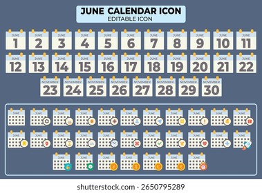 Illustrative collection of june calendar icons, encompassing both simple dates and detailed