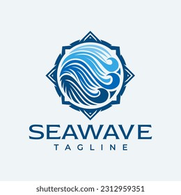 Illustrative compass sea wave logo design. Luxury ocean adventure logo branding.