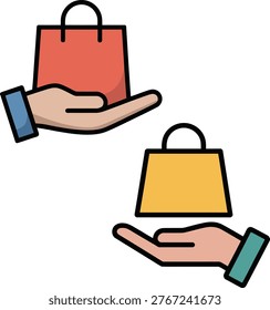 Illustrative concept of hands presenting shopping bags, representing online shopping, retail, and convenient delivery. Ideal for e-commerce or service-based marketing.