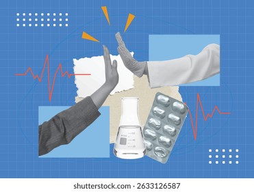 An illustrative concept of health care response showcasing hands and medical elements, emphasizing safety and collaboration.