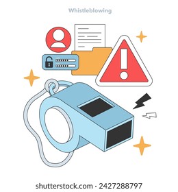 Illustrative concept highlighting the importance of whistleblowing in the digital age, with symbols of alert, document security, and user confidentiality. Flat vector illustration