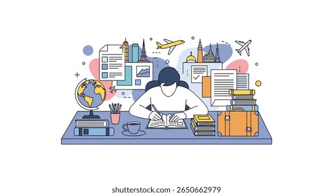Conceito ilustrativo de trabalho à distância e profissões freelance com uma pessoa digitando em uma mesa cercada por vários elementos de escritório e viagem