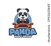 Illustrative Cute Happy Panda Driving Car for Kids Logo