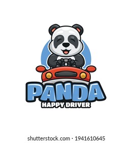 Illustrative Cute Happy Panda Driving Car for Kids Logo