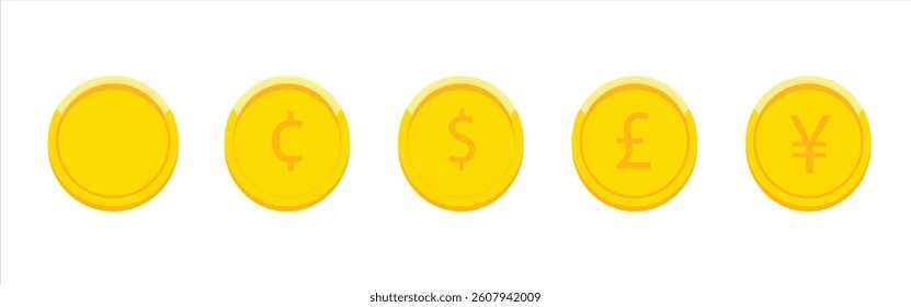 Illustrative depiction of coins representing diverse international currencies in bright golden tones showcasing global finance icons Minimalist and modern design