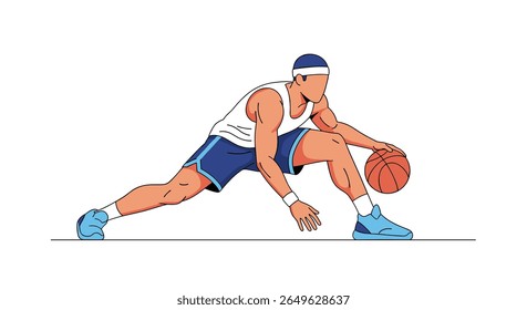Illustrative depiction of a focused basketball player executing a crossover dribble with intense concentration and athletic grace on the court