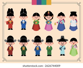 Representação ilustrativa de figuras coreanas vestindo roupas tradicionais