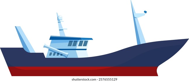 Illustrative depiction of a modern fishing vessel showcasing a sleek and streamlined design. The ship features a dark hull with a contrasting red bottom, emphasizing maritime engineering