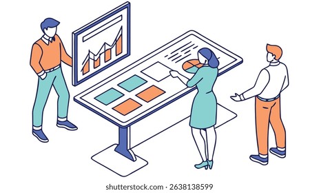 Illustrative depiction of people gathered around a large touchscreen, engaged in collaborative work within an office environment.