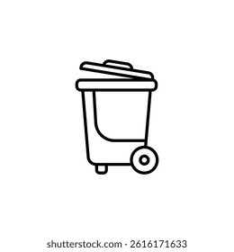 Illustrative depiction of a waste container with an open lid and wheels