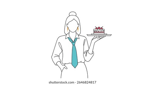 Representação ilustrativa de uma mulher em traje profissional segurando uma sobremesa comemorativa com foco em apresentação artística e delícia culinária