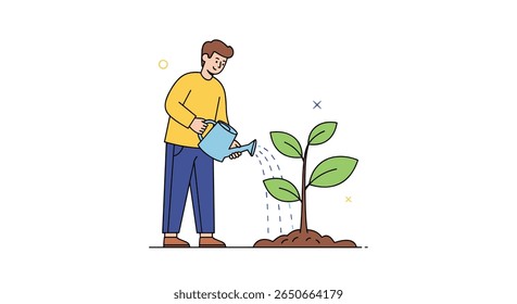 Illustrative depiction of a young man nurturing a newly planted seedling in the soil with a watering can in a garden setting fostering growth and nature conservation efforts