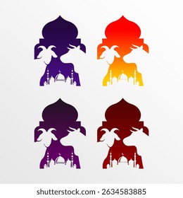An illustrative design celebrating Eid al-Adha with a simple yet elegant visual style. The silhouette of a majestic mosque serves as the backdrop, with its domes and minarets towering