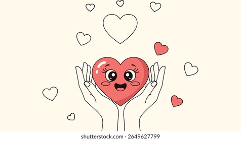 Illustrative design of a cute happy heart held gently in caring hands surrounded by floating hearts and gentle doodles