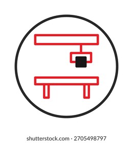 Um design ilustrativo apresenta um processo de fabricação automatizado simplificado dentro de uma estrutura circular. Representa o braço mecânico que se envolve em um ambiente de fábrica, transmitindo ideias de tecnologia,