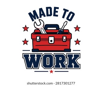 Illustrative design featuring a red toolbox with a wrench and screwdriver, surrounded by stars and 