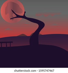 Illustrative design of the moon, tree and night sky