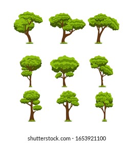 una colección de diseños ilustrados en forma de árbol con adornos de césped debajo