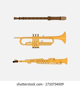 Illustrative designs of various blown musical instruments