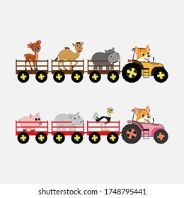 Illustrative designs of various cute animals on a tractor