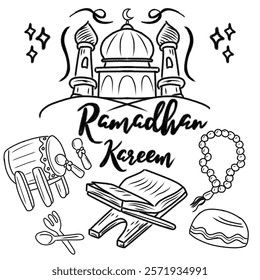 Illustrative doodle featuring Ramadan elements like mosque, Quran, drum, rosary, and cap, with 'Ramadan Kareem' text showcasing Islamic festive and spiritual celebrations for Ramadan and Eid.