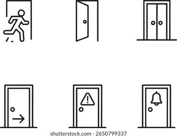 Iconografia ilustrativa de porta Um guia visual para saídas, entradas e recursos de segurança de edifícios renderizados em um estilo limpo e moderno