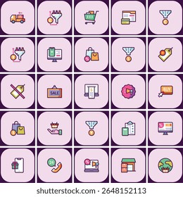 Illustrative ecommerce icon set featuring online store and retail elements