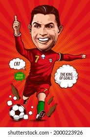 illustrative editorial, Caricature illustration of cristiano ronaldo, news on 15 June 2021 moved the drink bottles away at his press conference in Euro-2021, hand drawn 16 June 2021 Bangkok Thailand.