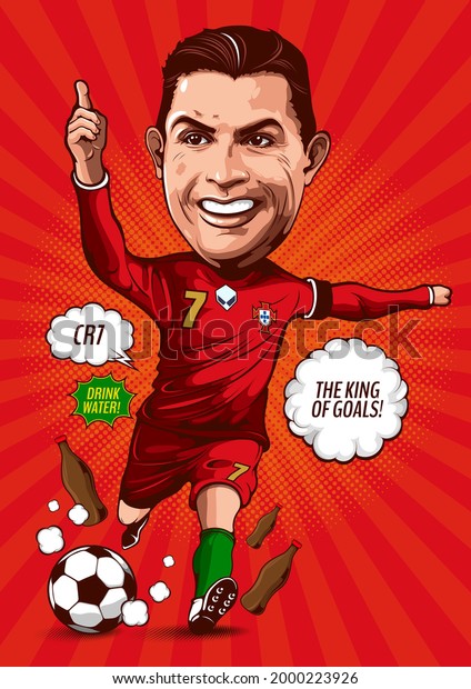illustrative editorial, Caricature illustration\
of cristiano ronaldo, news on 15 June 2021 moved the drink bottles\
away at his press conference in Euro-2021, hand drawn 16 June 2021\
Bangkok Thailand.