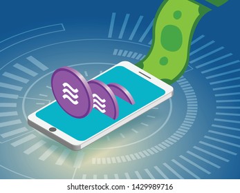 illustrative editorial , Libra blockchain , purple coin money bill transfer via mobile phones. new digital currency