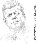 Illustrative editorial portrait of John F. Kennedy, 35th President of the United States in black and white
