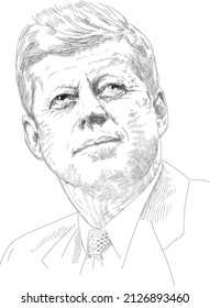 Illustrative editorial portrait of John F. Kennedy, 35th President of the United States in black and white