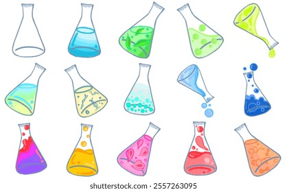 Illustrative Erlenmeyer Flask Elements: Hand-Drawn Laboratory Glassware for Scientific Research and Educational Use