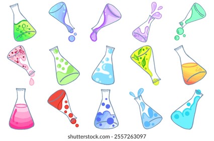 Illustrative Erlenmeyer Flask Elements: Hand-Drawn Laboratory Glassware for Scientific Research and Educational Use
