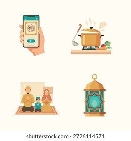 Design plano ilustrativo mostrando vários aspectos do Ramadã, incluindo um aplicativo digital do Alcorão, preparando refeições Iftar, uma família rezando e uma lanterna tradicional
