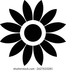 Illustrative flower graphic showing a symmetrical design with solid black petals arranged around a circular center, creating a contrast against the white background.