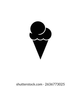 Illustrative graphic of a black ice cream cone featuring two scoops of ice cream, displayed centrally on a white background. Simple design element, suitable for summer themes.