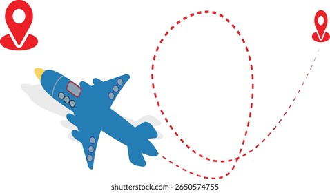  Um gráfico ilustrativo representando um avião azul voando por uma rota tracejada entre dois pinos vermelhos de localização, ideal para conceitos de viagem, navegação, planejamento de viagem e transporte global.