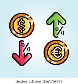 Illustrative graphic showing currency exchange rate changes, with upward and downward arrows indicating fluctuations.