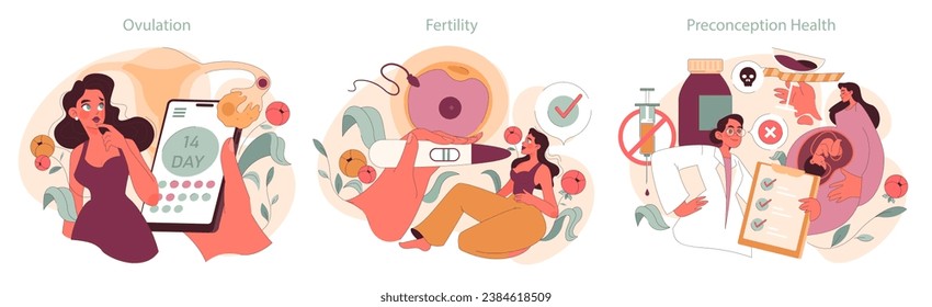 Illustrative guide on women's reproductive health, showcasing ovulation tracking, fertility tests, and preconception care. Emphasizes awareness, informed choices, and expert consultation