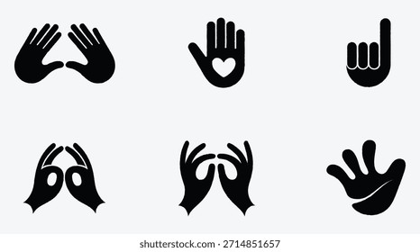 Illustrative Hand Gesture Collection Representing Communication and Expression in Black