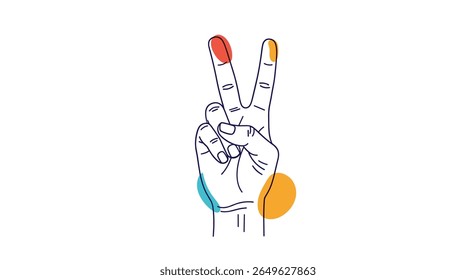 Gesto ilustrativo com a mão que significa paz e vitória com sotaques coloridos abstratos para projetos modernos de design gráfico