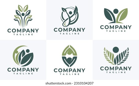 Illustrative human leaf logo design set. Modern nature people logo branding set.