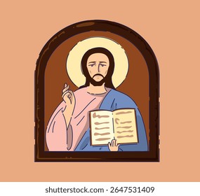 Um Ícone Ilustrativo Representando Jesus Segurando a Sagrada Escritura dentro de Suas Mãos amorosamente
