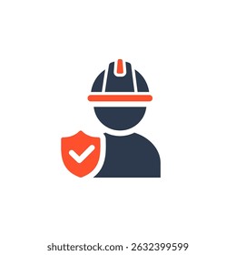 An illustrative icon showing a dedicated construction worker wearing a hard hat and holding a shield, representing the crucial themes of safety and protection within the workplace environment