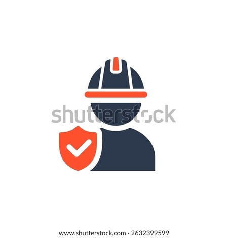 An illustrative icon showing a dedicated construction worker wearing a hard hat and holding a shield, representing the crucial themes of safety and protection within the workplace environment