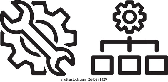 Illustrative Icons Representing Configuration and Workflow Processes Featuring a Wrench with a Gear and a Gear with Linked Boxes