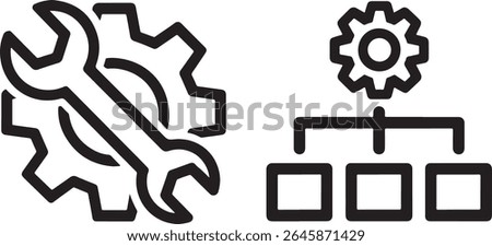 Illustrative Icons Representing Configuration and Workflow Processes Featuring a Wrench with a Gear and a Gear with Linked Boxes