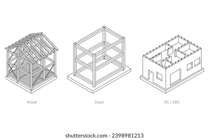 Illustrative Illustrationen von Baustrukturen, isometrische Illustrationen von Holz, Stahl, Stahlbeton und Stahlbetonbeton, Vektorgrafik