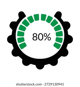 Una Imagen ilustrativa con un ícono de engranaje negro que sirve como marco para un indicador de progreso circular. Dentro del espacio blanco central del engranaje, un arco verde segmentado representa visualmente el 80% de finalización, con el valor numérico '80%' prominentemente mostrado en texto negro en su centro. Este ícono simboliza efectivamente un proceso continuo, Estado de carga, progreso de la tarea o un hito del ochenta por ciento alcanzado en un contexto técnico o comercial. El fondo blanco limpio enfatiza la claridad y funcionalidad del icono.